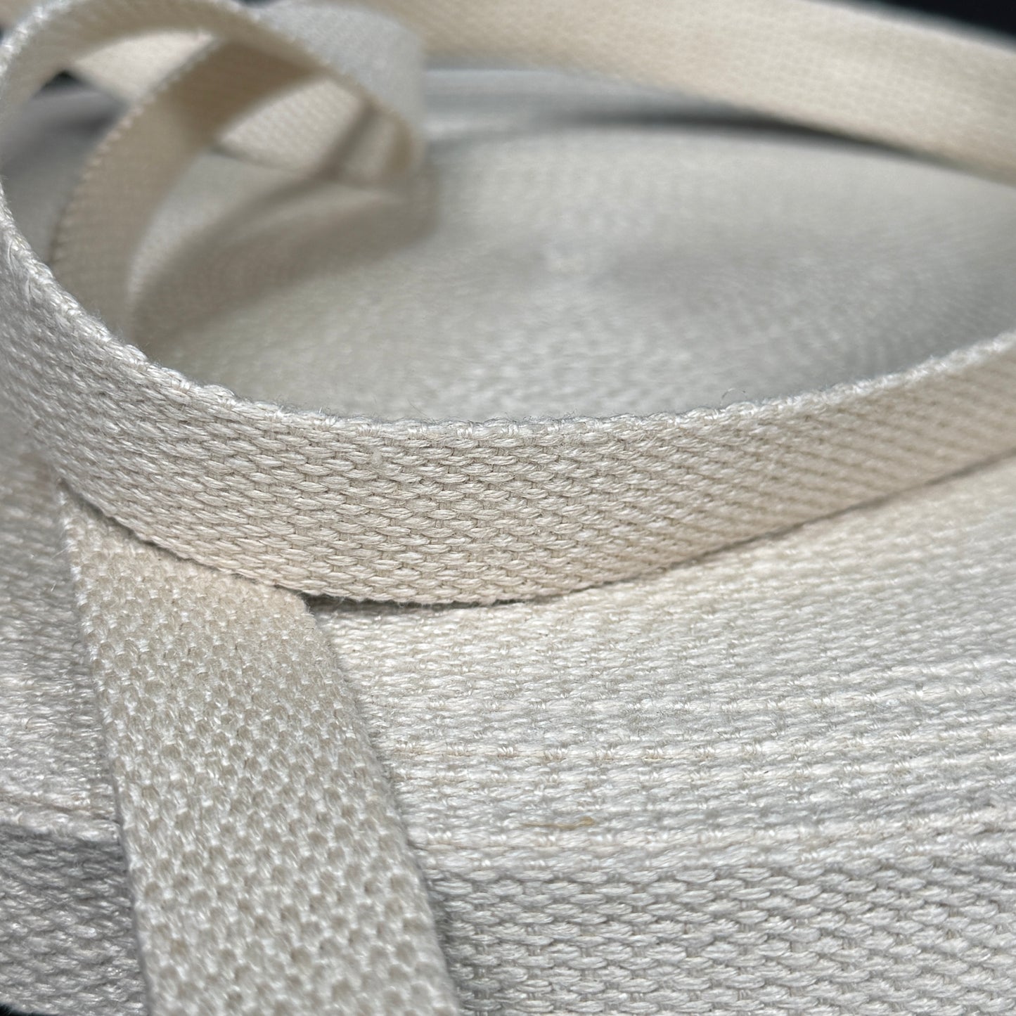 1" Hemp Webbing - Natural (undyed/unbleached) showcasing its eco-friendly and durable fabric, perfect for crafting bag straps, belts, and home decor.