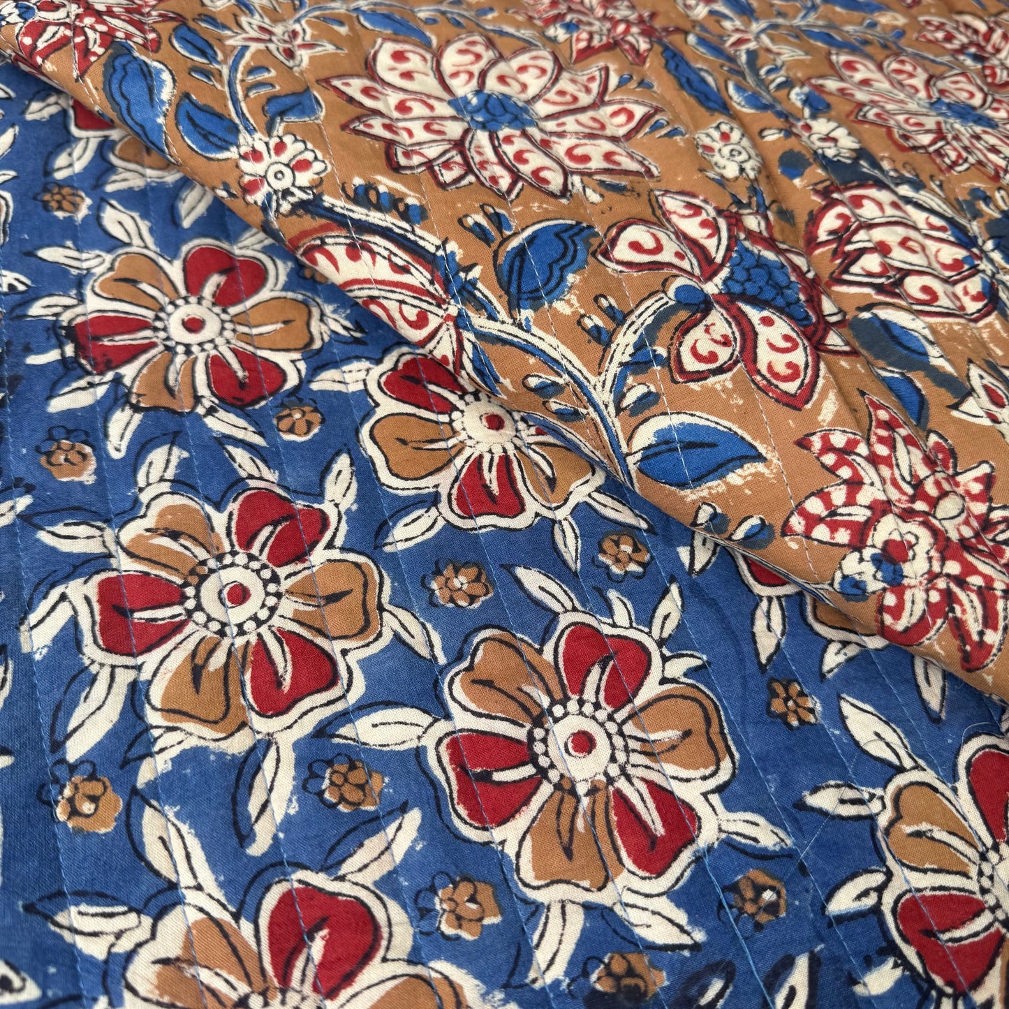 Petals Parchment/Indigo + Vintage Garden Mocha - Quilted Bagru Indian Cotton Block Print (Reversible)