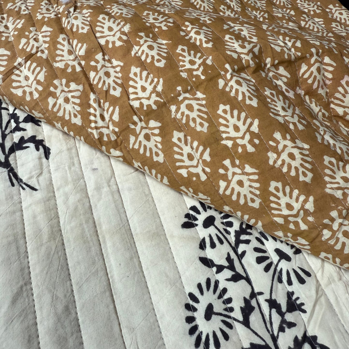Wild Daisy Black + Block Leaf Cumin - Quilted Bagru Indian Cotton Block Print (Reversible)