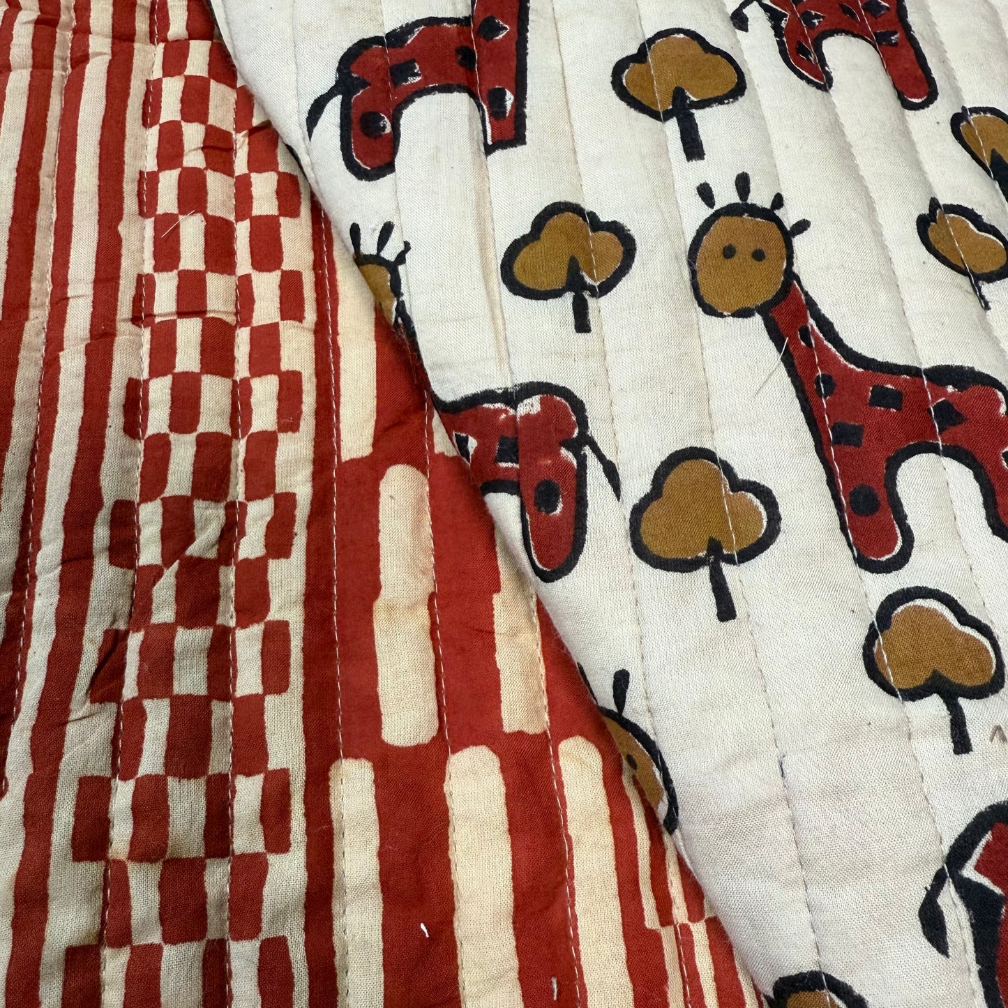 Harvest Lines Terra + Happy Safari Red - Quilted Bagru Indian Cotton Block Print (Reversible)