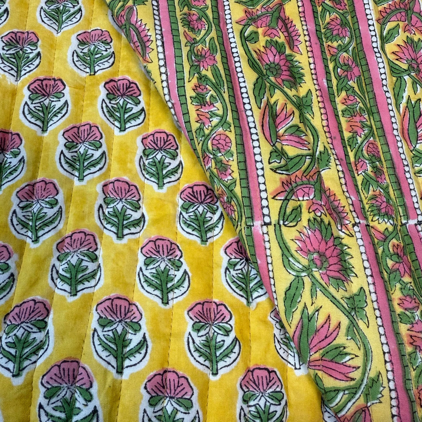 Petal Path Pink + Floral Sunshine Buti - Quilted Bagru Indian Cotton Block Print (Reversible)