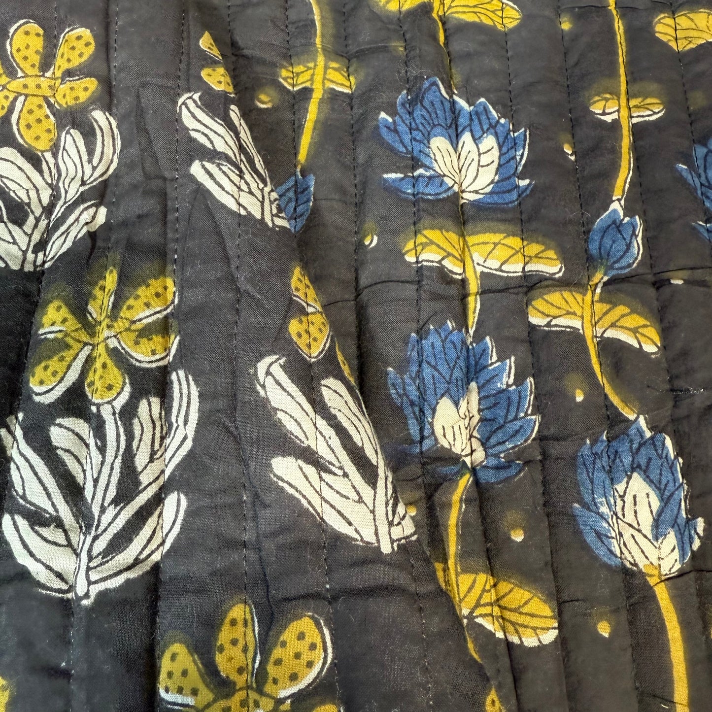 Folk Petal Bloom Midnight + Twilight Bloom - Quilted Bagru Indian Cotton Block Print (Reversible)