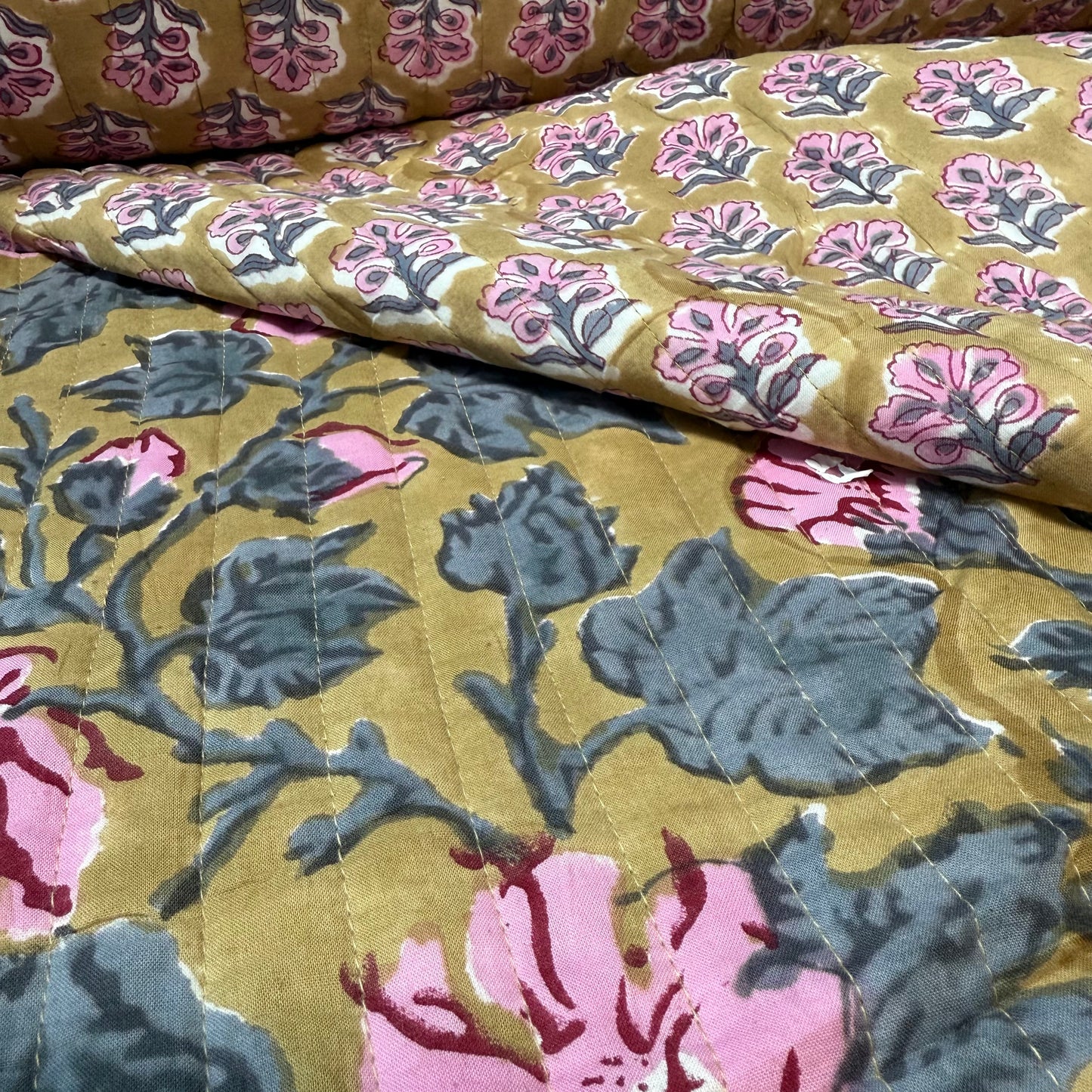 Autumn Bloom + Vintge Flora - Quilted Bagru Indian Cotton Block Print (Reversible)