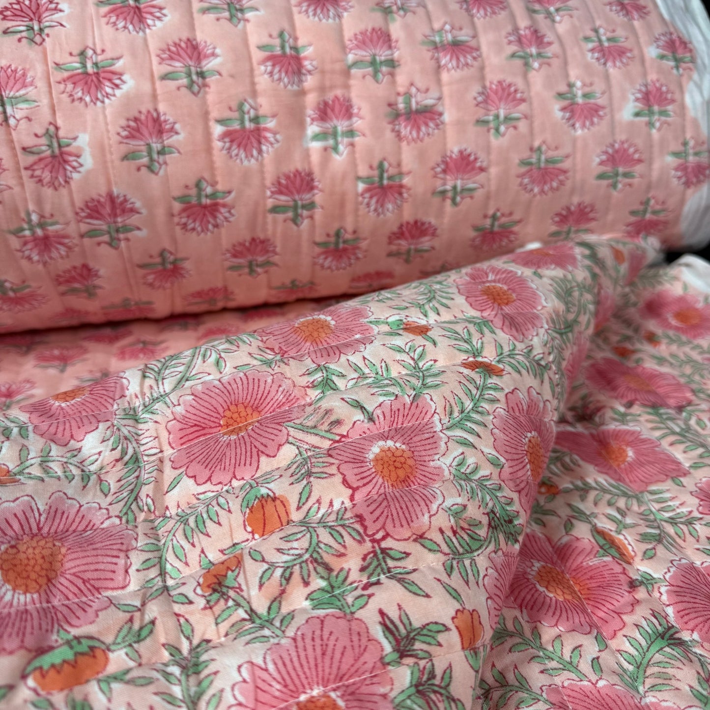 Blush Meadow + Rosewater Lotus - Quilted Bagru Indian Cotton Block Print (Reversible) - Simplifi Fabric
