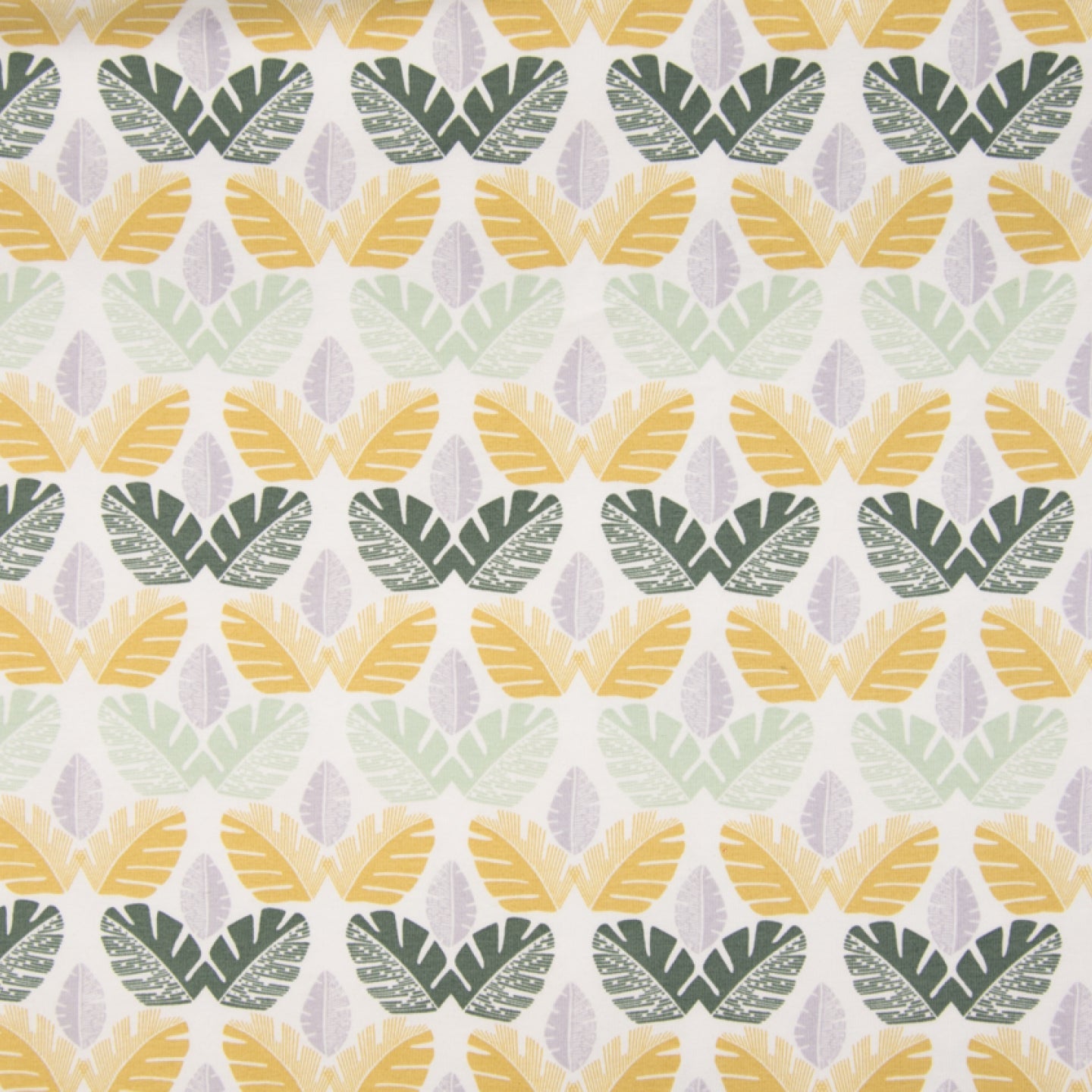 Monstera Leaves - Organic Cotton Stretch Jersey - European Import - White - Simplifi Fabric