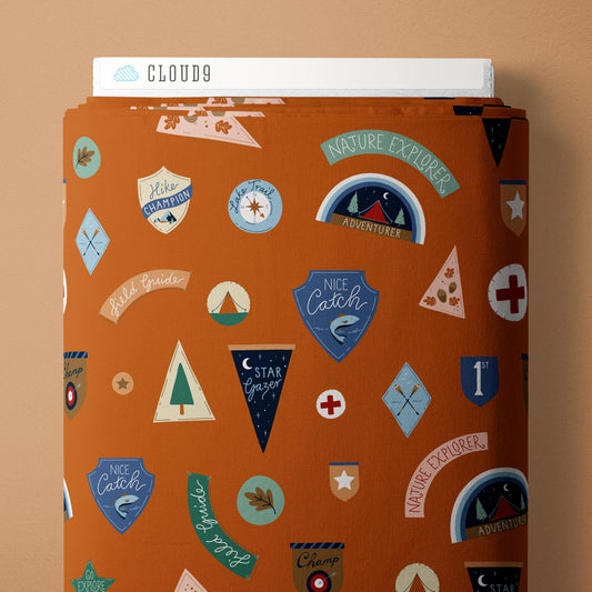 Adventure Club Campout - Rust - Backwoods and Boots - Softly Studio - Cloud 9 Fabrics - Poplin