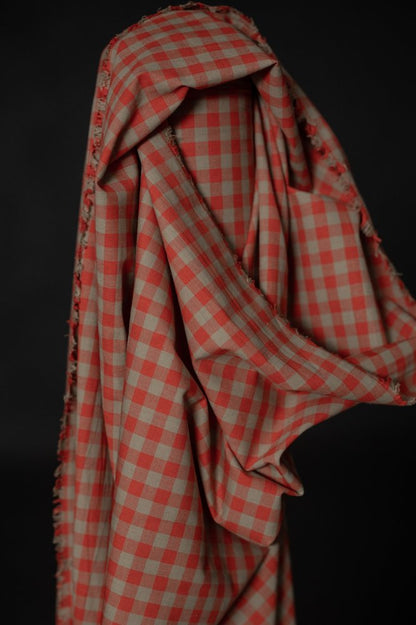 Betsy Organic Cotton Linen Gingham fabric in coral orange and light natural brown by Merchant & Mills, perfect for making skirts, dresses, and tops.