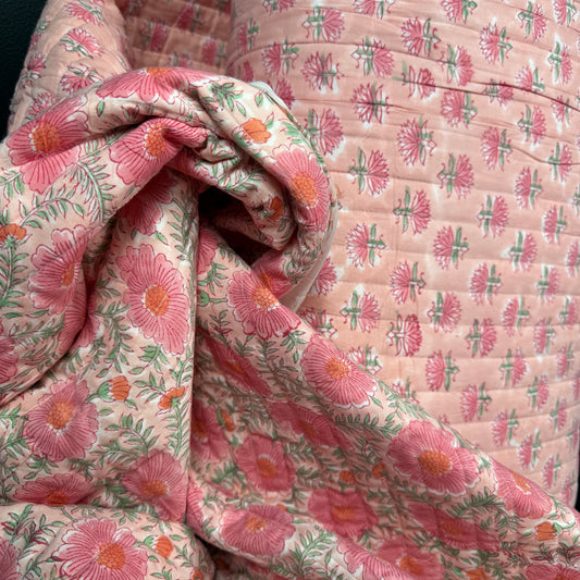Blush Meadow + Rosewater Lotus - Quilted Bagru Indian Cotton Block Print (Reversible)
