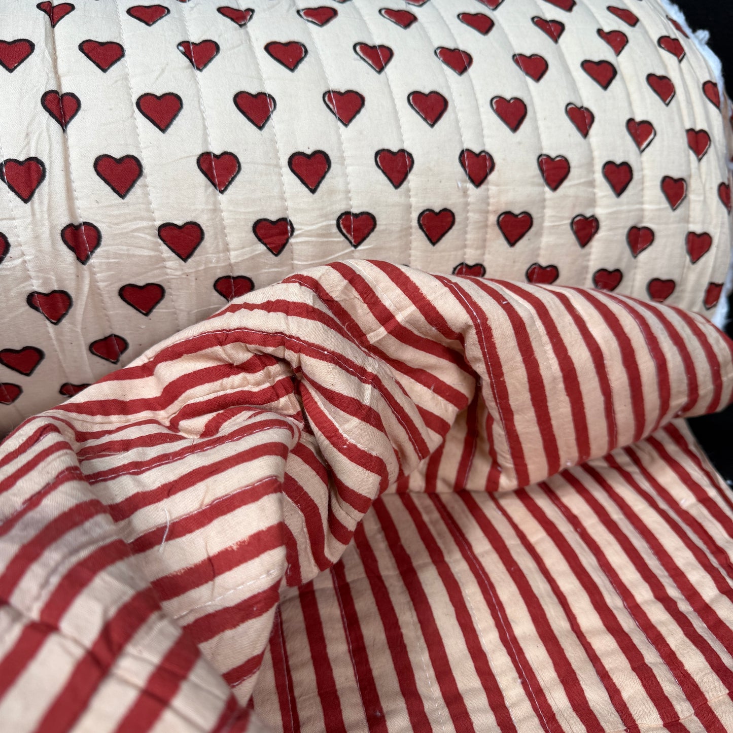 Reversible Little Loves + Clay Stripe Quilted Bagru Indian Cotton Block Print fabric featuring beautiful block print patterns and soft texture, perfect for creative sewing projects.