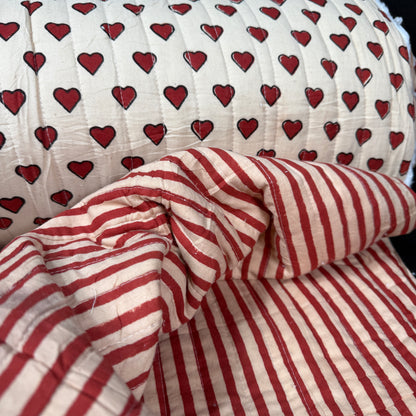 Reversible Little Loves + Clay Stripe Quilted Bagru Indian Cotton Block Print fabric featuring beautiful block print patterns and soft texture, perfect for creative sewing projects.