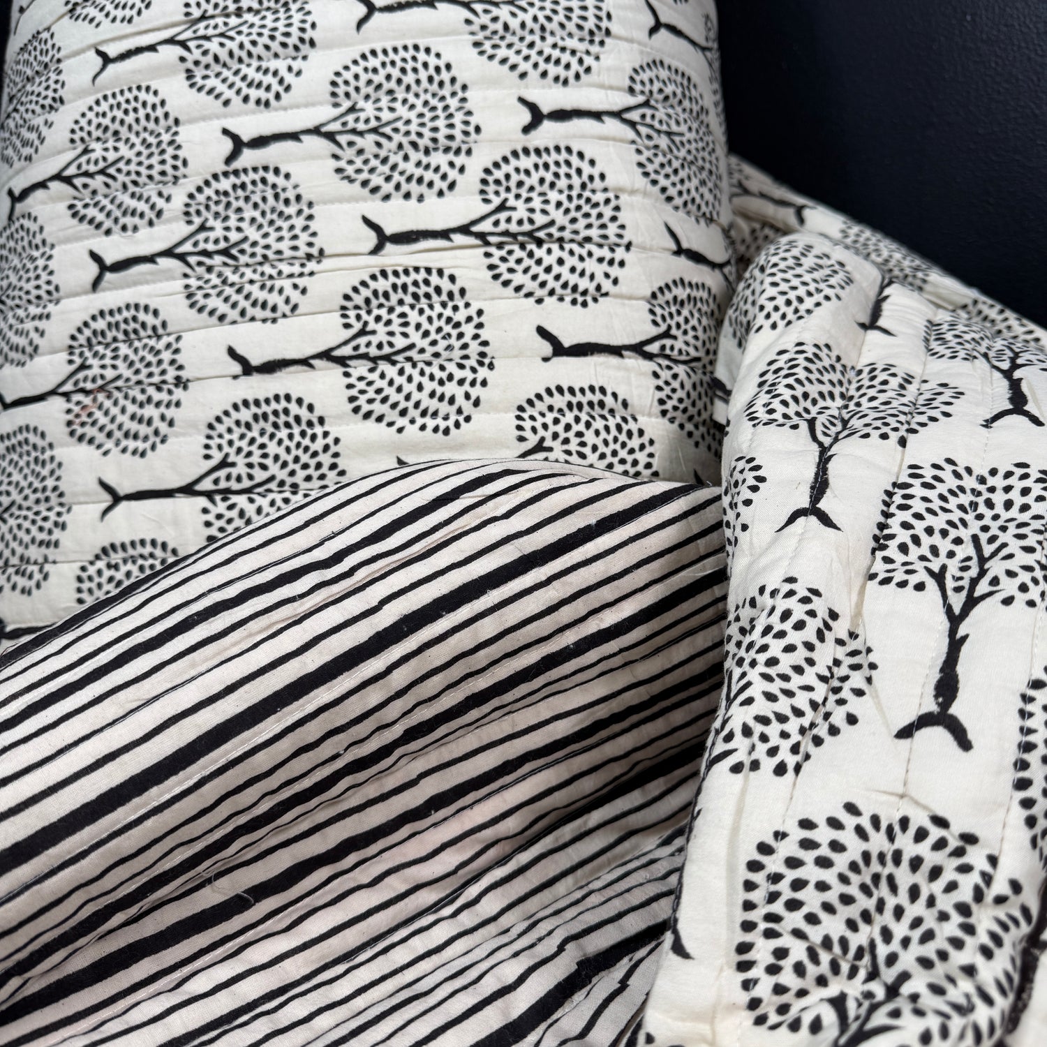 Tiny Orchard + Shadow Stripe - Quilted Bagru Indian Cotton Block Print reversible fabric showcasing block printing details and earthy tones.