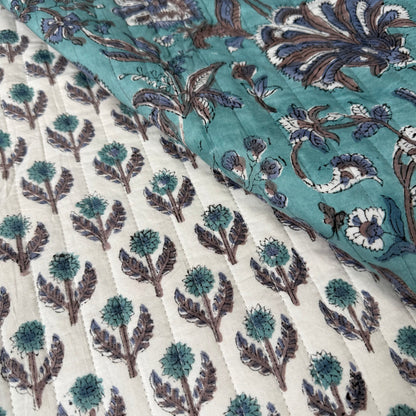 Blue Bell Vine Tranquil Blue + Botanical Buds - Quilted Bagru Indian Cotton Block Print (Reversible)