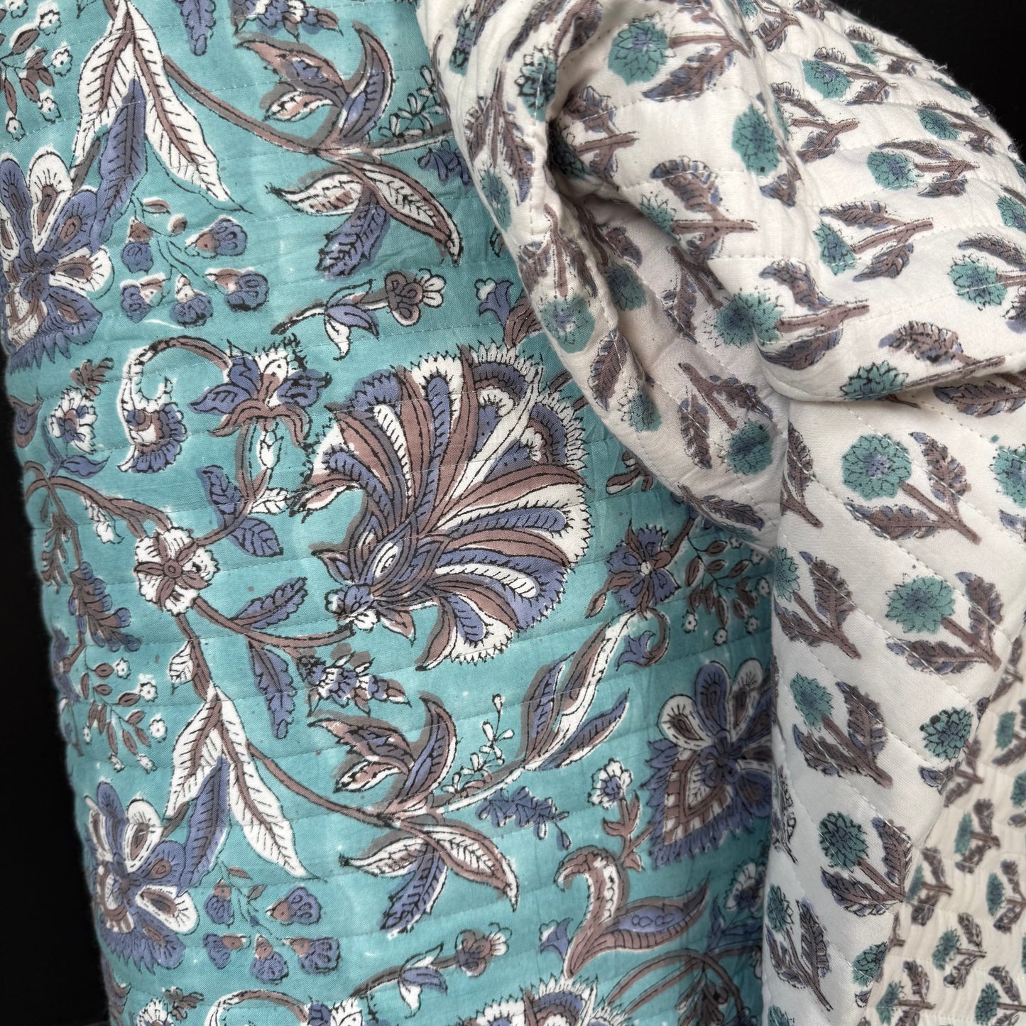 Blue Bell Vine Tranquil Blue + Botanical Buds - Quilted Bagru Indian Cotton Block Print (Reversible)