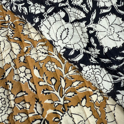Flora Black + Flora Cumin - Quilted Bagru Indian Cotton Block Print (Reversible)