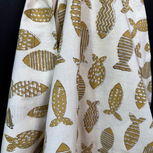 Fish Dance Gold - Bagru Indian Cotton Block Print