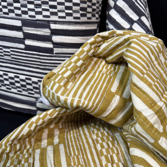 Harvest Lines Gold + Harvest Lines Onyx - Quilted Bagru Indian Cotton Block Print (Reversible)