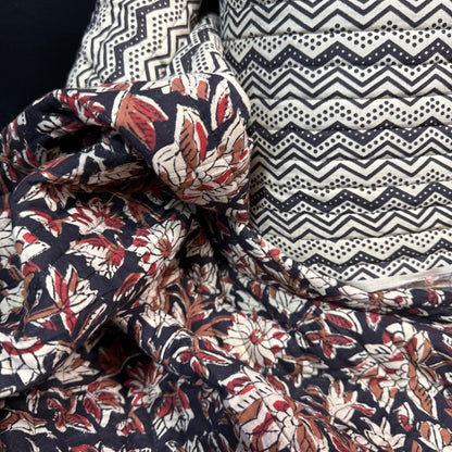 Ebony Blossom Vine + River Current Ebony - Quilted Bagru Indian Cotton Block Print (Reversible)