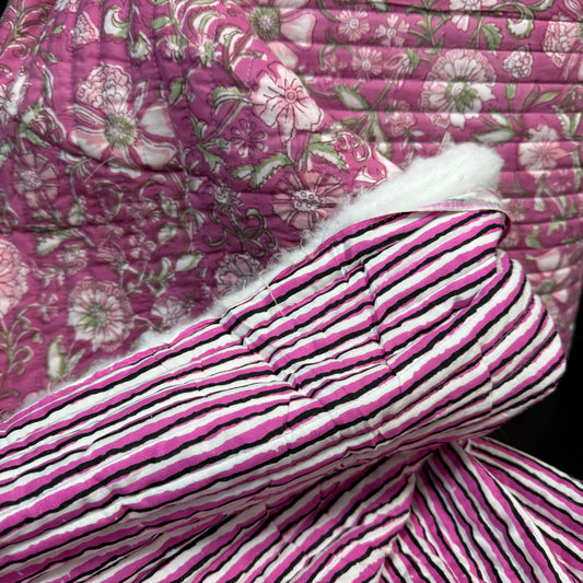 Licorice Stripes + Petal Cascade Pink - Quilted Bagru Indian Cotton Block Print (Reversible)