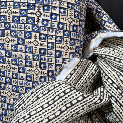 Mosaic Grid + Ebony Echo - Quilted Bagru Indian Cotton Block Print (Reversible)