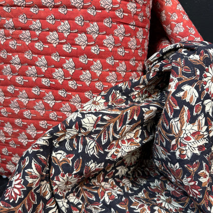 Rust Bloom Drop + Ebony Blossom Vine - Quilted Bagru Indian Cotton Block Print (Reversible)