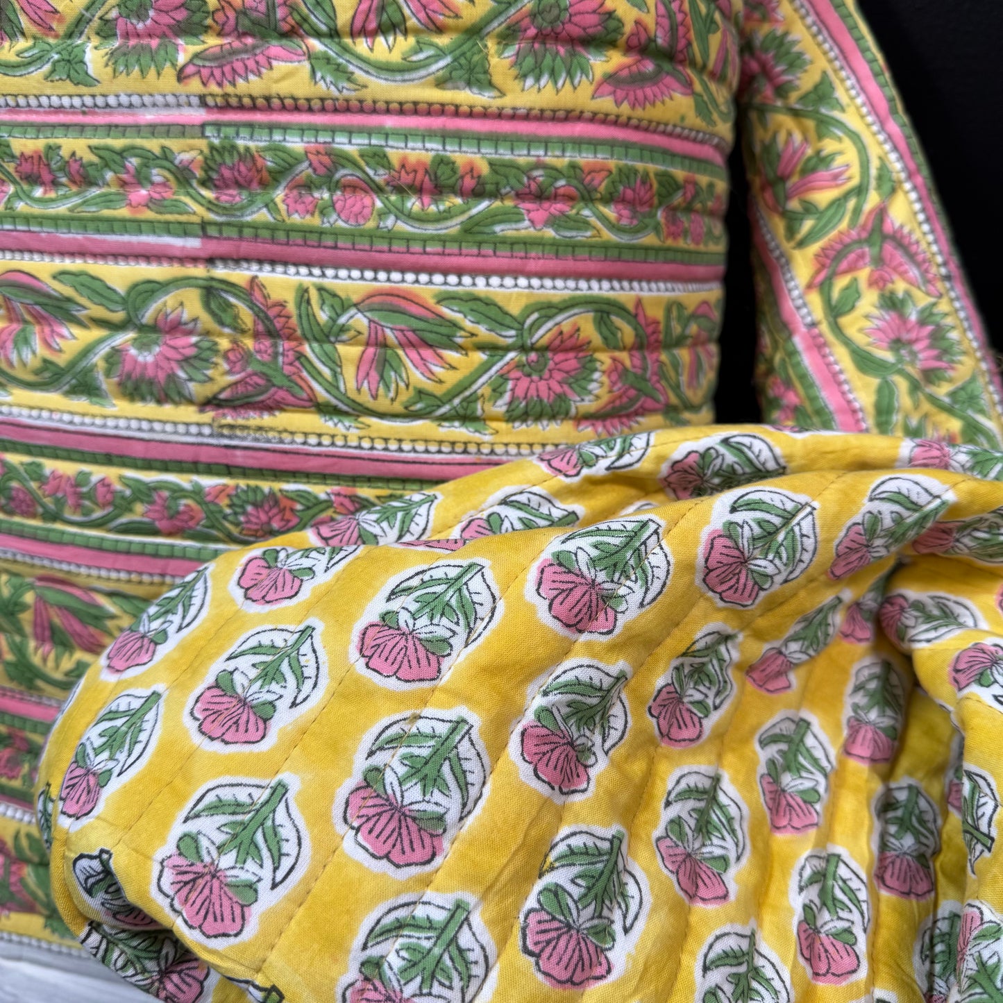 Petal Path Pink + Floral Sunshine Buti - Quilted Bagru Indian Cotton Block Print (Reversible)