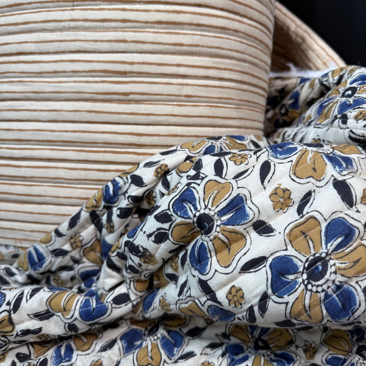 Cumin Stripe + Petals Indigo/Cumin  - Quilted Bagru Indian Cotton Block Print (Reversible)