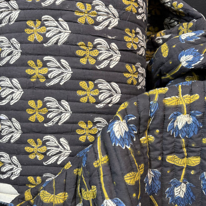 Folk Petal Bloom Midnight + Twilight Bloom - Quilted Bagru Indian Cotton Block Print (Reversible)