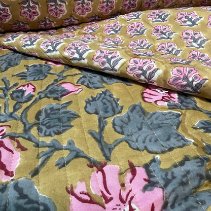 Autumn Bloom + Vintge Flora - Quilted Bagru Indian Cotton Block Print (Reversible)