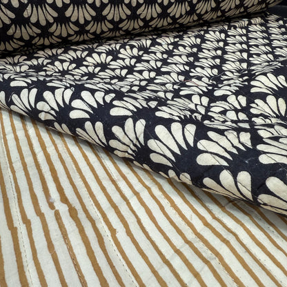 Midnight Fan + Cumin Strip - Quilted Bagru Indian Cotton Block Print (Reversible)