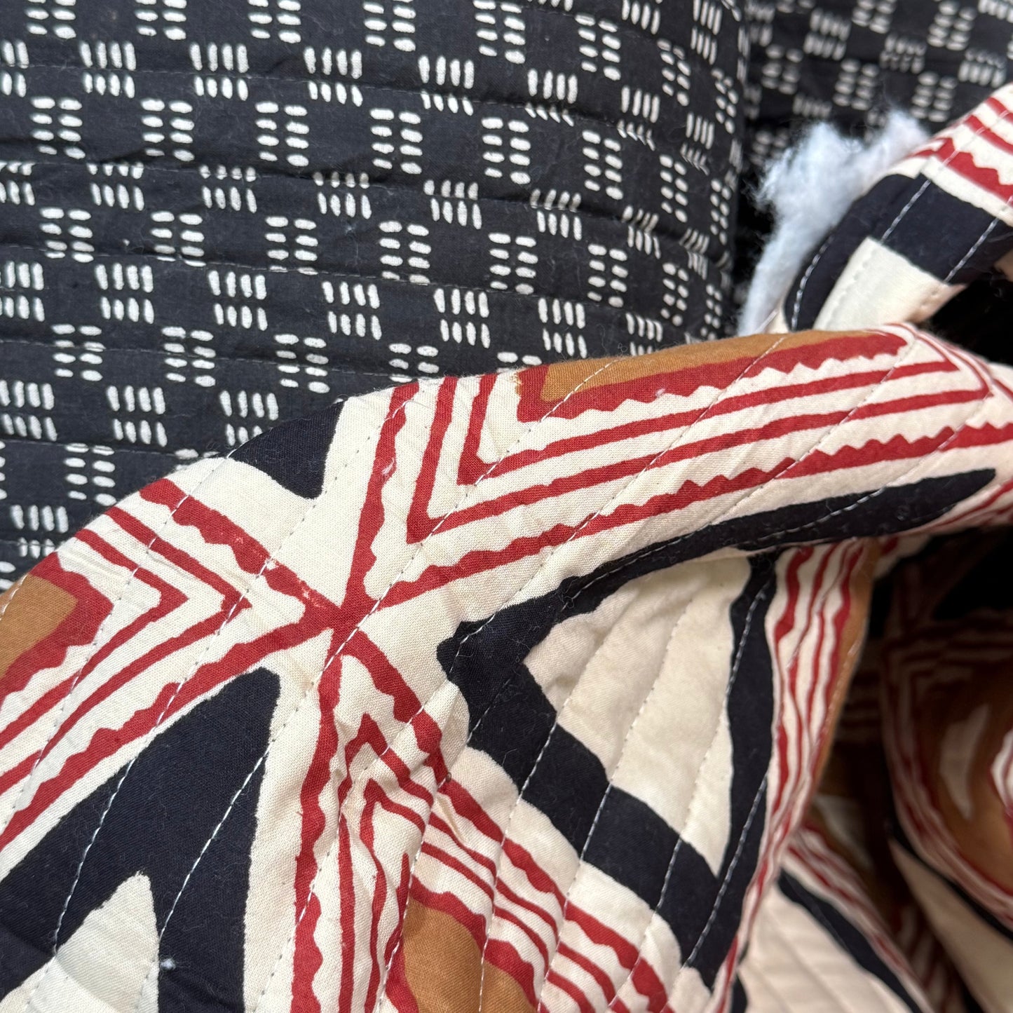 Zig Delta Caramel/Terra + Dashwork - Quilted Bagru Indian Cotton Block Print (Reversible)