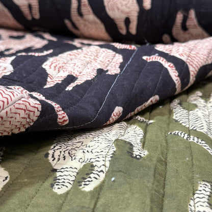 Desert Tiger Black + Desert Tiger Olive - Quilted Bagru Indian Cotton Block Print (Reversible) (Copy)