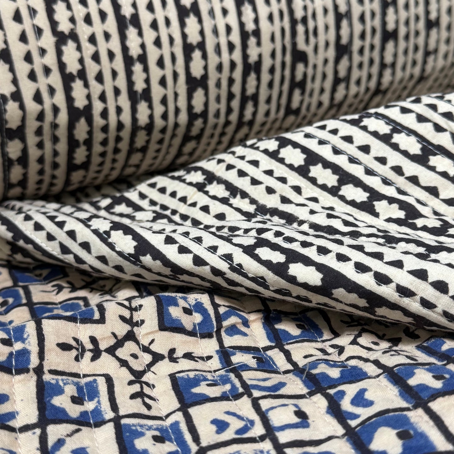 Indigo Mosaic + Ebony Echo - Quilted Bagru Indian Cotton Block Print (Reversible)