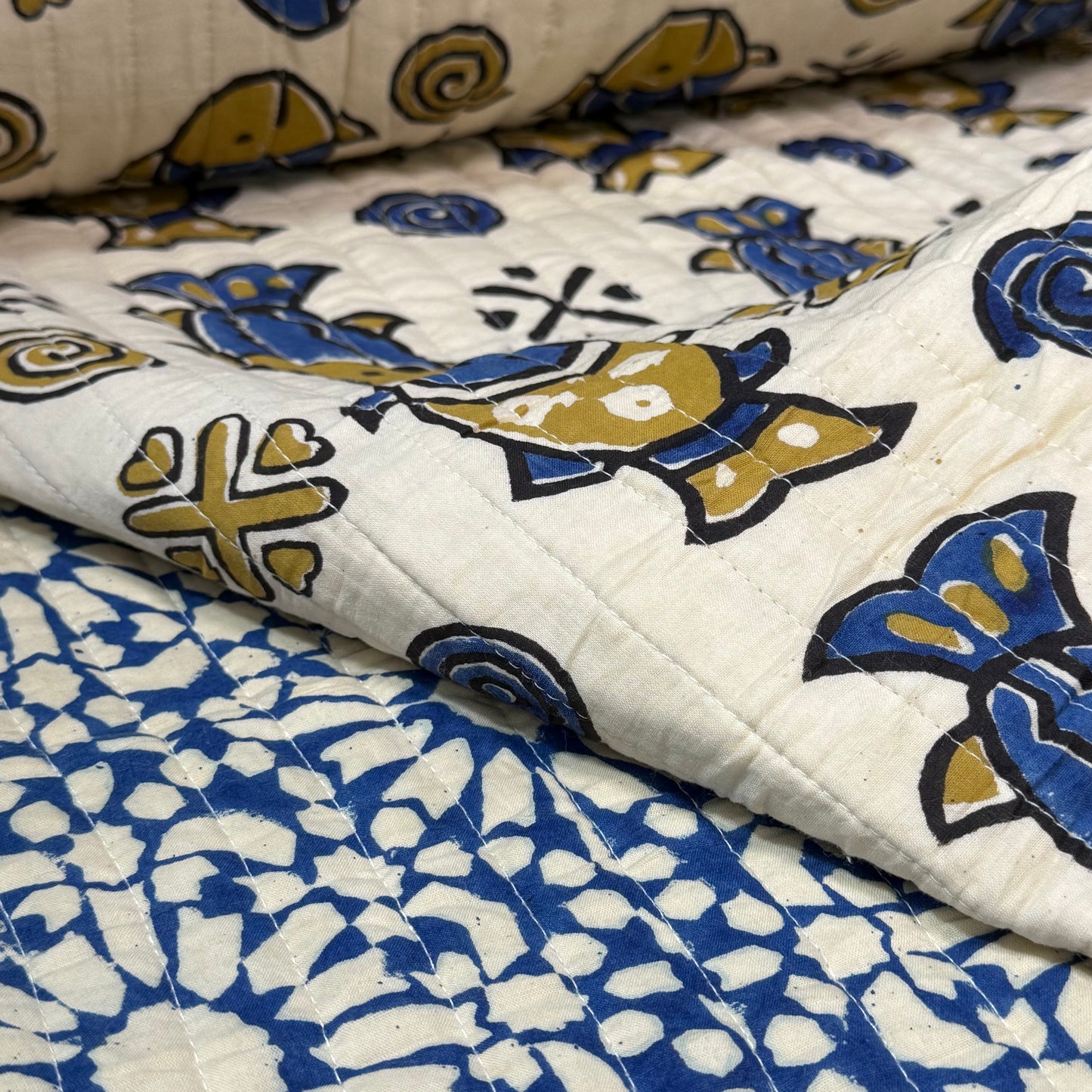 Indigo Fish Dance + Dabu Sky - Quilted Bagru Indian Cotton Block Print (Reversible)