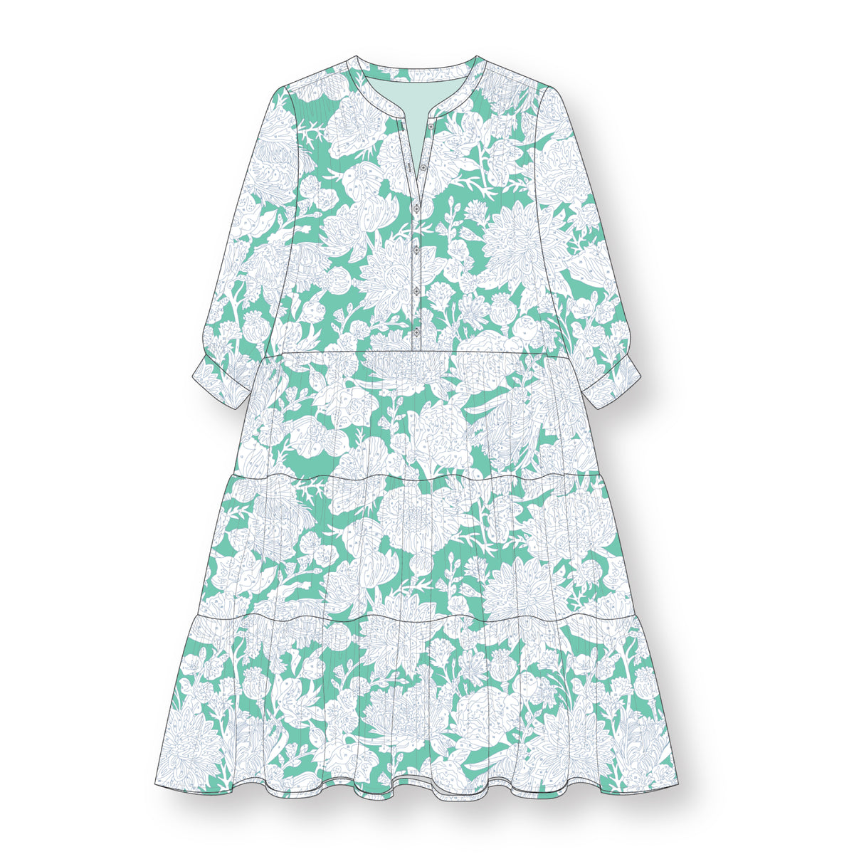 Birds Of A Feather - Turquoise - Paint-By-Number Garden Party - Elle Crée - Cloud 9 Fabrics - Poplin