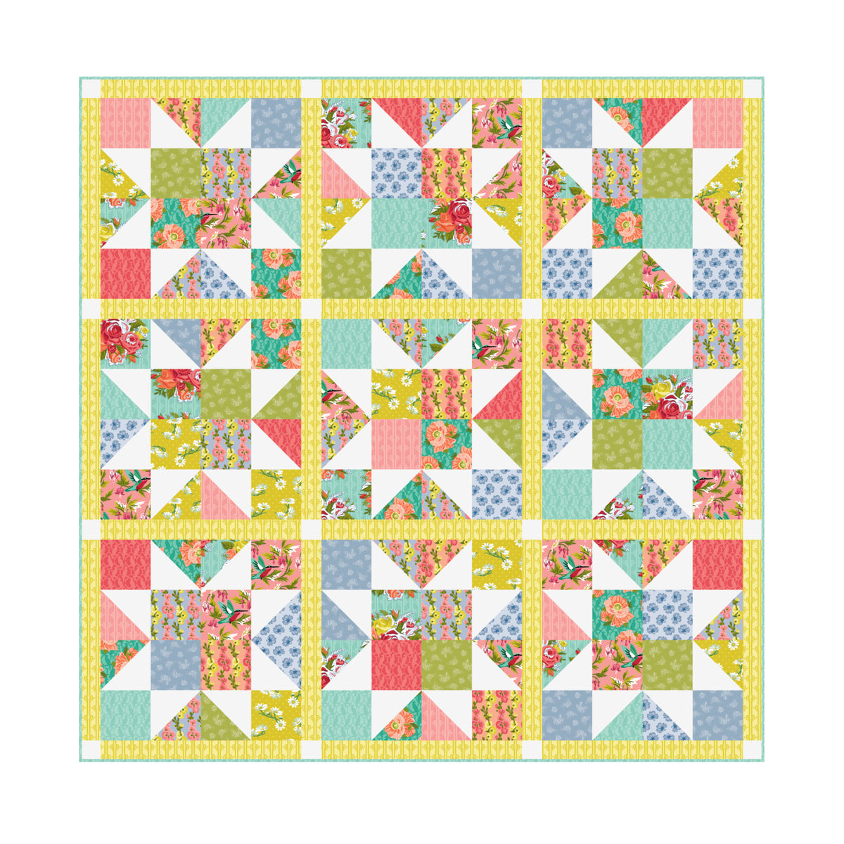 Birds Of A Feather - Turquoise - Paint-By-Number Garden Party - Elle Crée - Cloud 9 Fabrics - Poplin