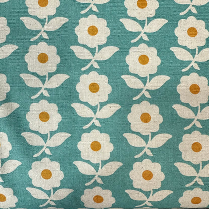 Flowers Cotton-Linen Canvas - Japanese Import - Aqua/Gold/Natural