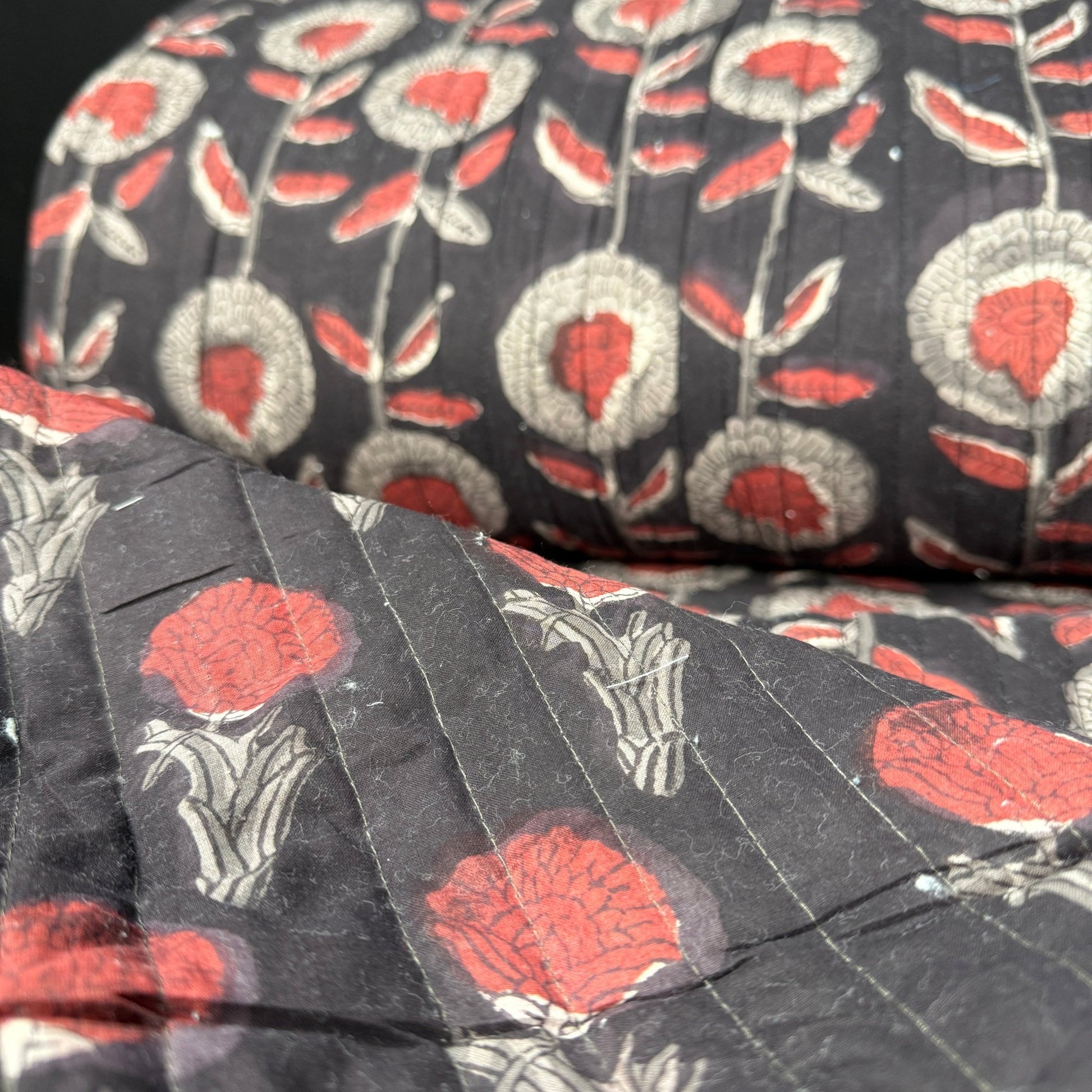 Charcoal Garden + Noir Marigold - Quilted Bagru Indian Cotton Block Print (Reversible) - Simplifi Fabric