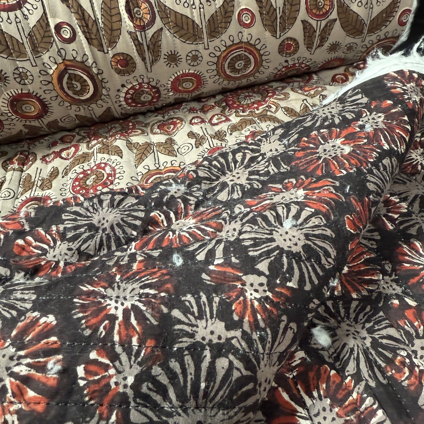 Charcoal Wildflower + Folk Art Bloom - Quilted Bagru Indian Cotton Block Print (Reversible) - Simplifi Fabric