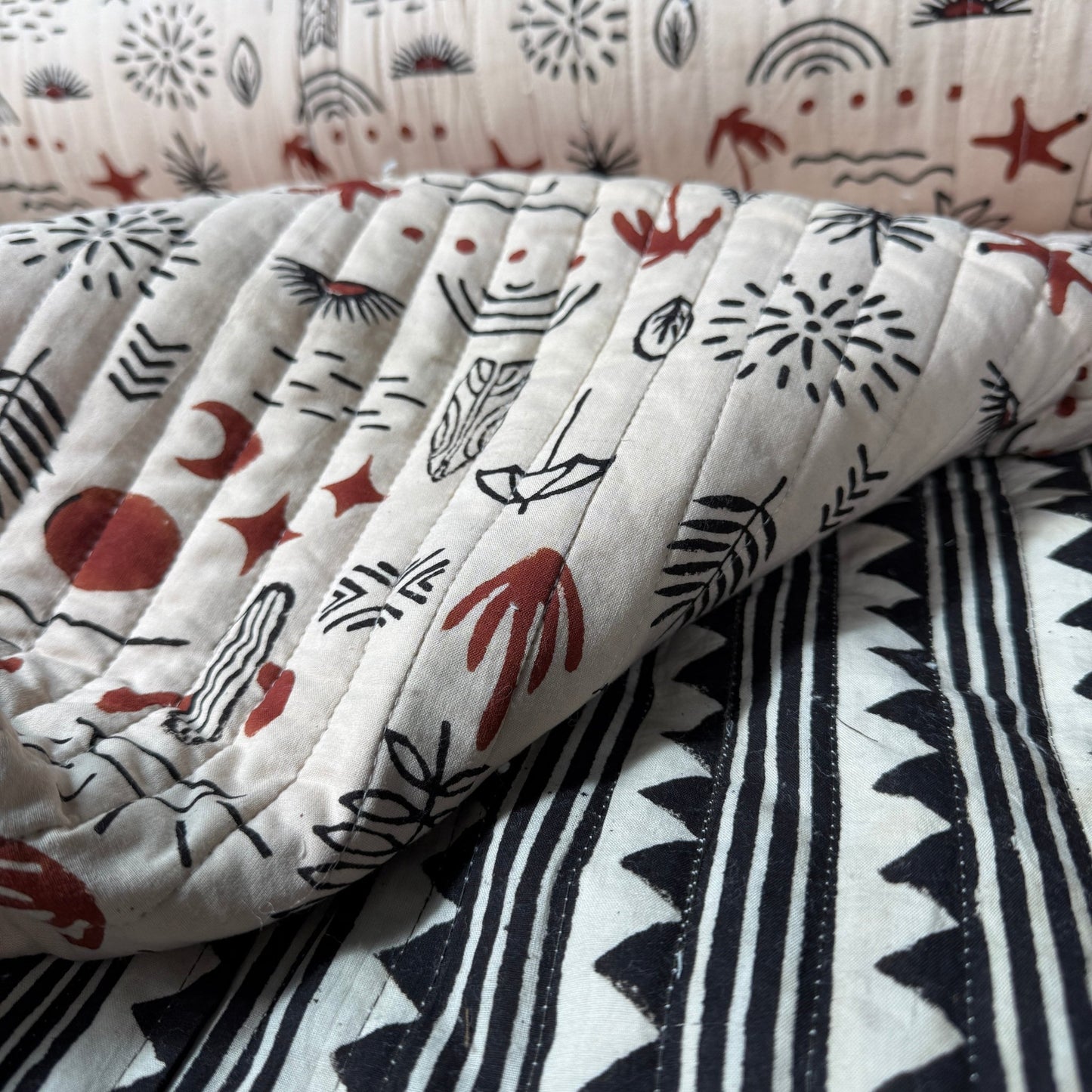 Desert Doodle + Geo Ridge Stripe - Quilted Bagru Indian Cotton Block Print (Reversible) - Simplifi Fabric