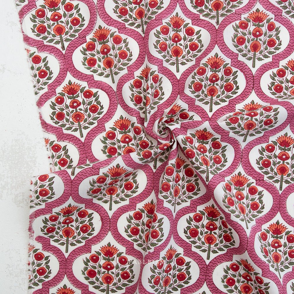 Lattice Floral - Pink - Indian Block Prints Cottage - Fableism Supply Co. - Simplifi Fabric
