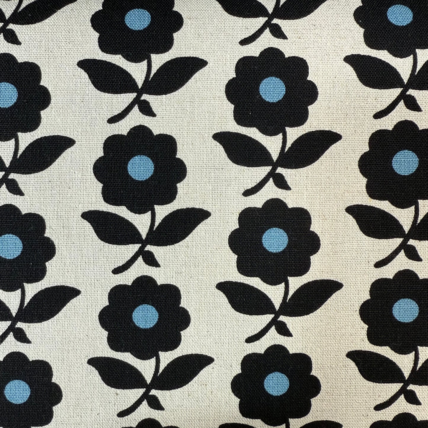 Flowers Cotton-Linen Canvas - Japanese Import - Natural/Dusty Blue/Black