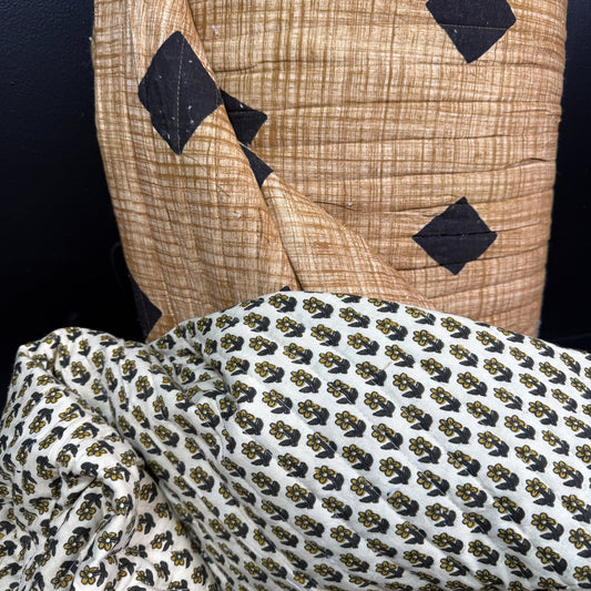 Nomad Diamond + Tiny Folk Flower - Quilted Bagru Indian Cotton Block Print (Reversible) - Simplifi Fabric