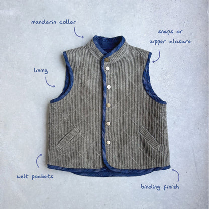 Nonni Vest Gender Neutral Kids (12mo - 12yrs) PDF Sewing Pattern - Atelier Mimito - Simplifi Fabric