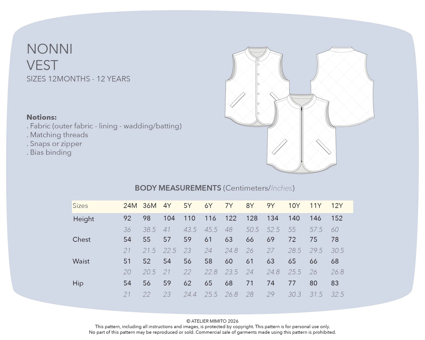 Nonni Vest Gender Neutral Kids (12mo - 12yrs) PDF Sewing Pattern - Atelier Mimito - Simplifi Fabric