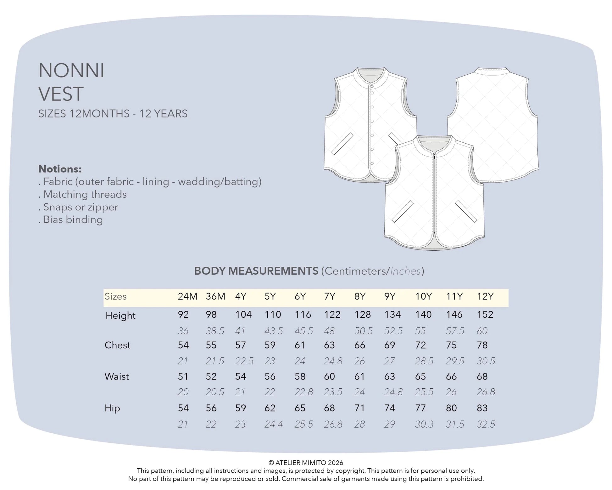 Nonni Vest Gender Neutral Kids (12mo - 12yrs) PDF Sewing Pattern - Atelier Mimito - Simplifi Fabric