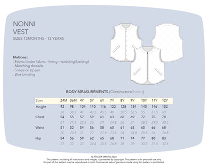 Nonni Vest Gender Neutral Kids (12mo - 12yrs) PDF Sewing Pattern - Atelier Mimito - Simplifi Fabric