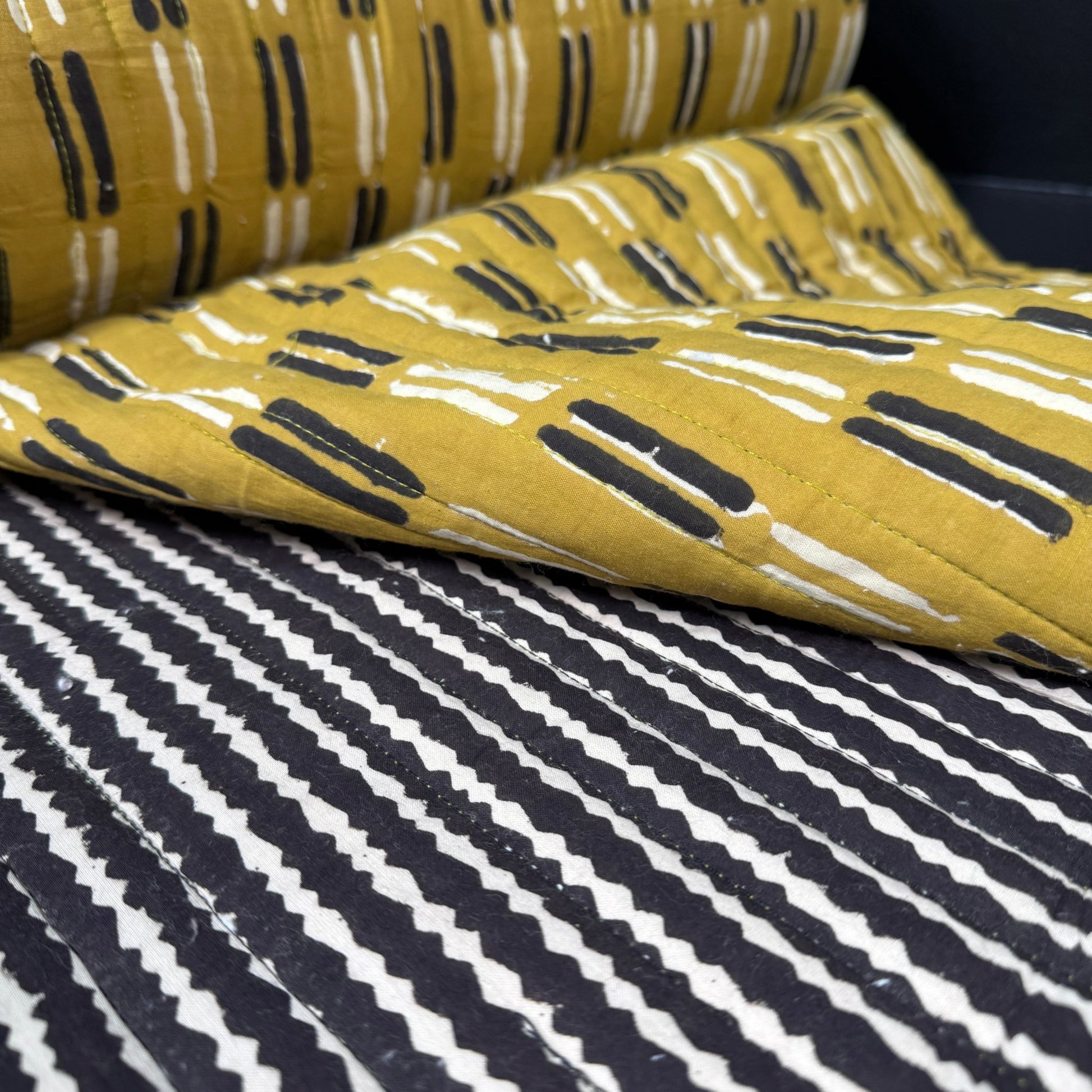 Ochre Code + Zigwave Stripe - Quilted Bagru Indian Cotton Block Print (Reversible) - Simplifi Fabric