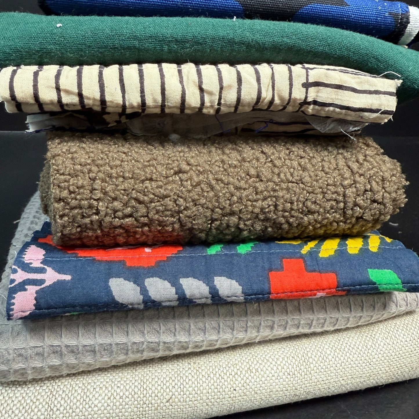 SALE BOX 1811H by Sale Box featuring various fabric samples including upholstery linen, canvas, gauze, quilted, olive sherpa, and taupe waffle weave.