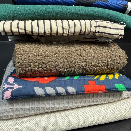 SALE BOX 1811H by Sale Box featuring various fabric samples including upholstery linen, canvas, gauze, quilted, olive sherpa, and taupe waffle weave.