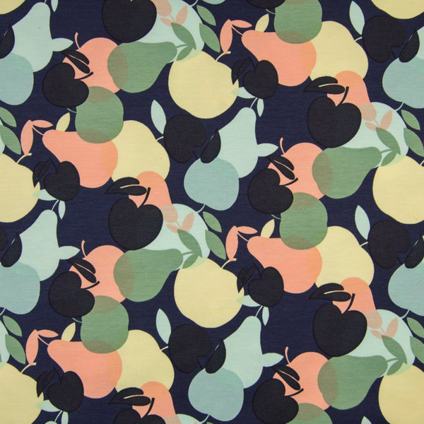 Organic Cotton Stretch French Terry - Apples -  European Import - Navy